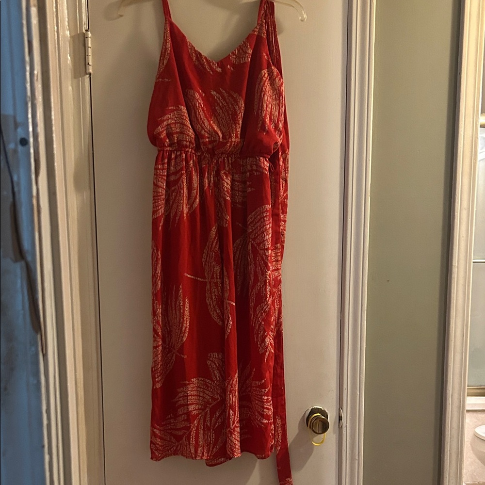 As U Wish Belted Red and Tan Leaf Print Midi Dress